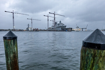 Norfolk Virginia city street and skyline views at waterfront on rainy day