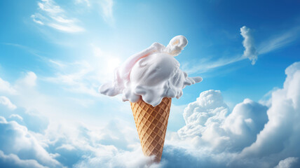 Advertising shot, flying in the clouds ice cream in cone with colorful sugar sprinkles and gelatins - obrazy, fototapety, plakaty