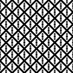 Repeated black figures and diagonal lines on white background. Ethnic wallpaper. Seamless surface pattern design with arrows ornament. Rhombuses and triangles motif. Digital paper for textile print.