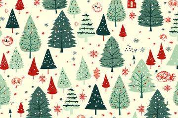 Christmas background with red and green christmas trees, Christmas pattern.