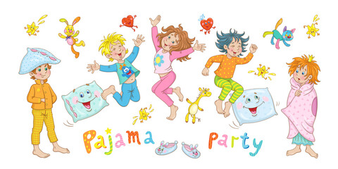 Obraz na płótnie Canvas Pajama party. Funny children in pajamas play and jump with toys and pillows. In cartoon style. Isolated on white background. Vector illustration.