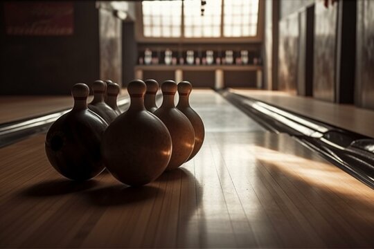 An image featuring a wooden lane with a bowling ball and pins. Generative AI