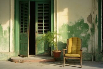 A chair resting on a veranda near an emerald doorway. Generative AI - obrazy, fototapety, plakaty
