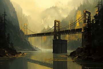 Rainy mountain and bridge, golden version. Generative AI