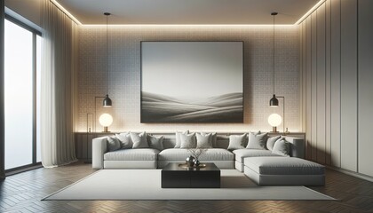 Elegant Neutral-Toned Living Space with Expansive Wall Art Frame Mockup
