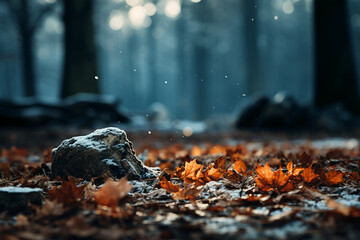 Snowfall softening the faded leaves scattered across a forest floor. AI generative