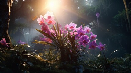 Fototapeta na wymiar A Celestial Cattleya orchid blooming amidst a lush, otherworldly forest, with colorful flora and fauna surrounding it.