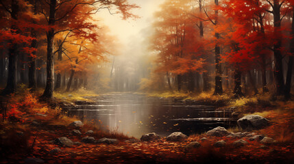 Maple leaves of autumn adorn a wooden tabletop, creating a natural background of falling leaves. A sunny autumn day unfolds in the park, showcasing the beauty of orange foliage. The scene forms a wide