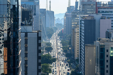 The Paulista avenue, aerial view of the most famous avenue downtown of Sao Paulo city. Famous...