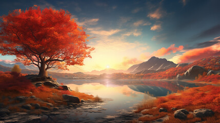 Maple leaves of autumn adorn a wooden tabletop, creating a natural background of falling leaves. A sunny autumn day unfolds in the park, showcasing the beauty of orange foliage. The scene forms a wide