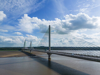 Liverpool, Merseyside, UK, September 13, 2023; aerial view of the Mersey Gateway toll bridge over the River Mersey, Liverpool, 