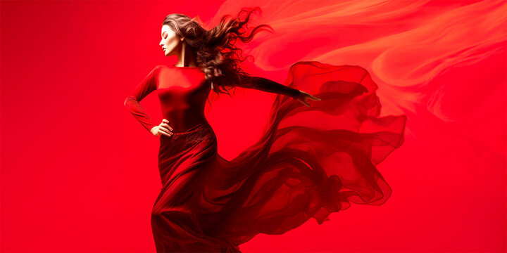 woman in long red dress dancing on red background