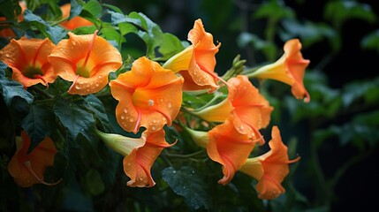 An Angel's Trumpet Vine in full bloom against a deep green background, its vibrant orange and...