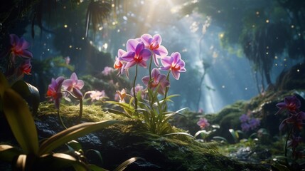 A Celestial Cattleya orchid blooming amidst a lush, otherworldly forest, with colorful flora and fauna surrounding it. - obrazy, fototapety, plakaty