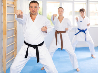 Three athletes have taken starting position and studying and repeating sequence of punches and painful techniques in karate kata technique. Oriental martial arts, training and obtaining black belt