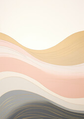 Minimalist collage of light abstract waves , lines, delicate colors, golden layer, minimalism, retro, on neutral background