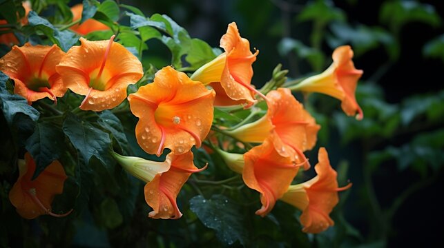 An Angel's Trumpet Vine in full bloom against a deep green background, its vibrant orange and yellow blossoms captured in detailed