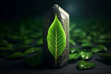 Sustainable battery recharge with nature-friendly leaf symbol, innovative green energy storage tech, carbon neutral 3D rendering. Generative AI - obrazy, fototapety, plakaty