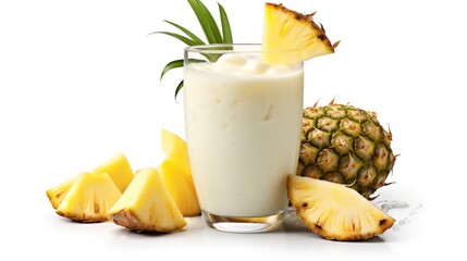Pineapple smoothie with fresh pineapple slices on white background. Cocktail Concept With Copy Space