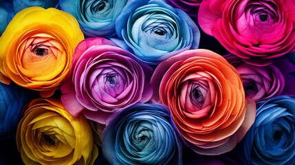 An artistic composition featuring a cluster of high-detailed Rainbow Ranunculus in full ultra HD...