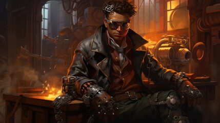 A character concept art of a steampunk inventor with mechanical limbs, wearing goggles and a leather trench coat, in a detailed digital painting with a focus on textures and materials