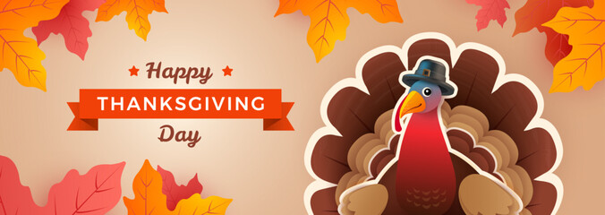 Happy Thanksgiving Day turkey banner with Thanksgiving turkey, fall foliage leaves, and Happy Thanksgiving Day lettering. Vector illustration