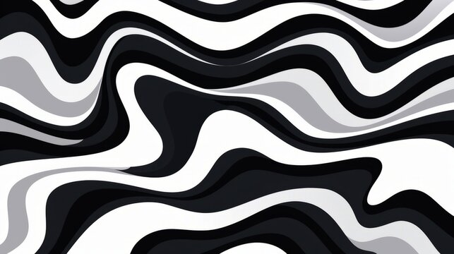 Bold Black and White Wavy Design with Animal Motifs in Abstraction Style