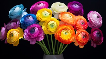 An artistic, ultra HD 8K composition of Rainbow Ranunculus blooms in various stages of bloom,...