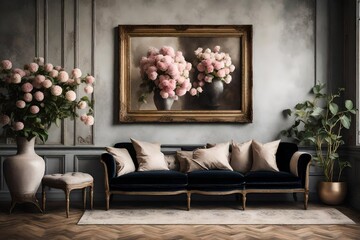 An atmospheric setting of a Canvas Frame for a mockup in an old styled family room, where ornate vases hold fresh blooms beside a plush, velvet settee