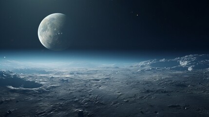 Naklejka na ściany i meble An astronaut's view of a distant, uncharted moon's rugged terrain,