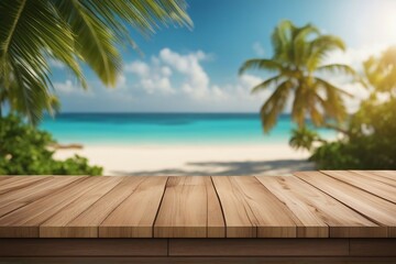 Wooden table over blur tropical beach background, product display montage. High quality photo