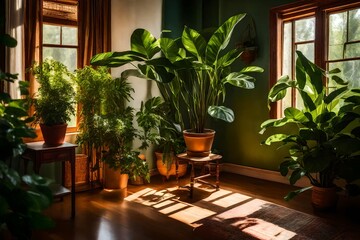 plants in a corner of a room, In a cozy living room, bathed in the soft, warm glow of afternoon sunlight, a lush houseplant stands in the corner