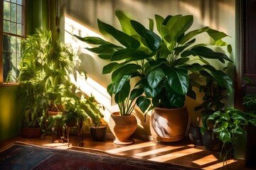 plants in front of a house, In a cozy living room, bathed in the soft, warm glow of afternoon sunlight, a lush houseplant stands in the corner