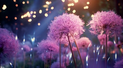 An Aurora Allium garden at dusk, the petals radiating soft, ethereal light in stunning