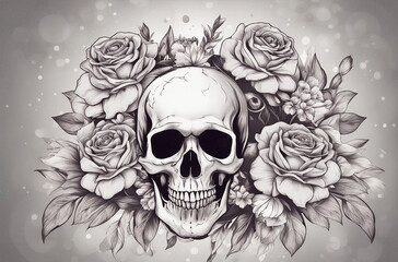Skull and Flowers Day of The Dead, Vintage illustration. Elegant tattoo design. Gothic style