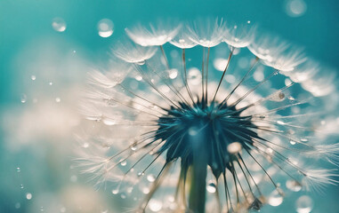 Dandelion Seeds in Water Droplets on Blue and Turquoise Background with Soft Focus