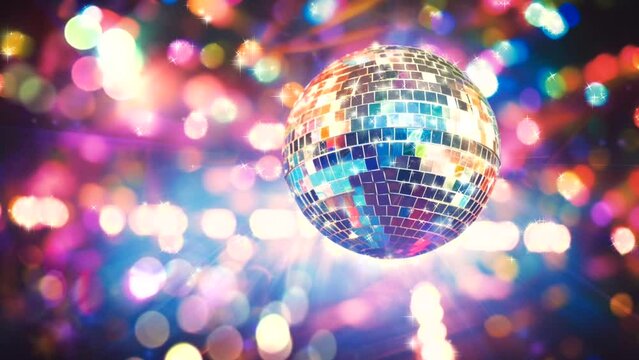 A spinning disco ball. Moving colorful background. Looped animation. Minute