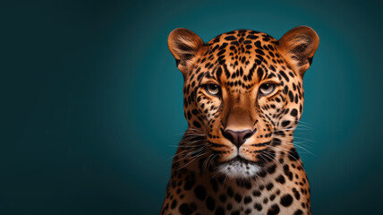 Advertising portrait, banner, spotted serious leopard, looks straight, isolated on pure background