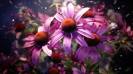 An Echinacea bouquet suspended in a cosmic void, with each flower radiating a unique, mesmerizing...