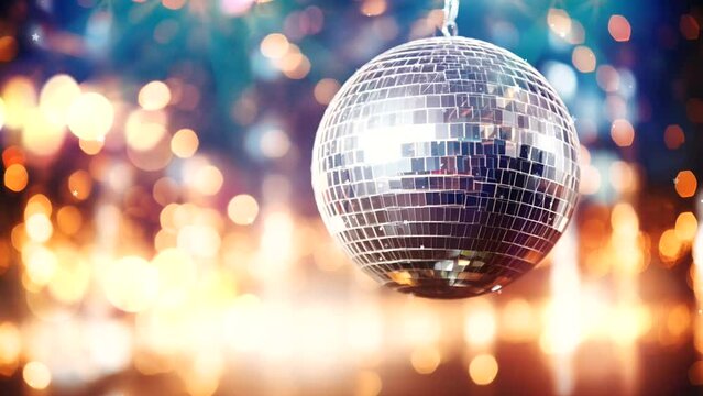 A spinning disco ball. Moving colorful background. Looped animation. Minute