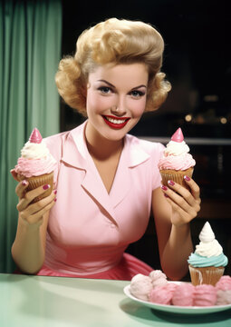 Retro 1960's pin up style classic postcard of smiling woman in pink dress seling sweet ice cream and cakes