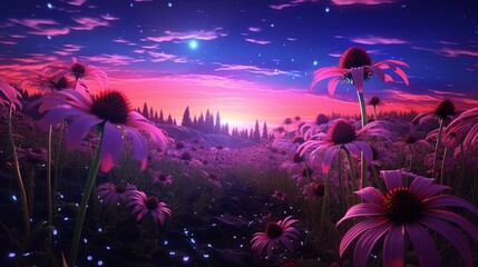 An Echinacea field, where the flowers seem to merge with the aurora borealis, forming a breathtaking, luminous landscape.