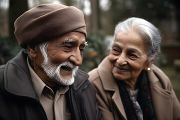Elderly retiree Indian couple sitting together outdoors, relax and enjoy retirement life
