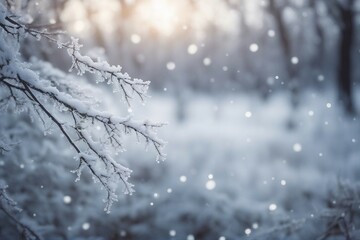 A Beautiful White Christmas Background, with a Gentle Blur Enhancing the Atmospheric Natural Winter Landscape, Featuring Frost-Adorned Branches in the Enchanting Forest