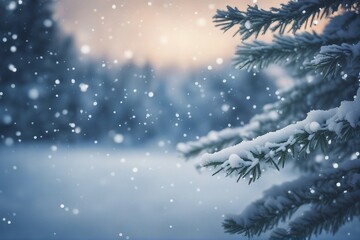 A Scenic Background with Ample Copy Space, Showcasing a Snow-Laden Landscape with Spruce Branches Gently Covered in the Blanket of Winter's Serenity