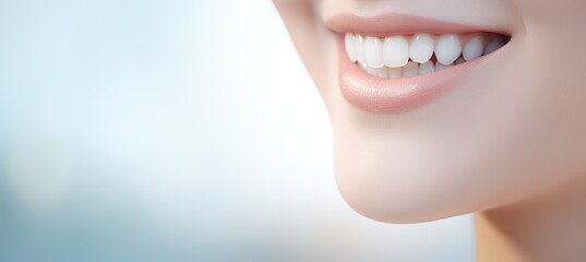 Obraz premium Beautiful female smile after teeth whitening procedure on light background. Dental care. Dentistry concept. Banner with copy space