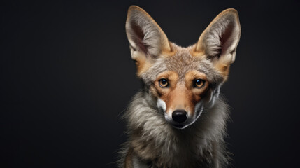 Fototapeta premium Advertising portrait, banner, jackal with ears up, looks straight, isolated on black background