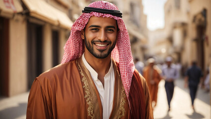 Bellissimo uomo arabo sorridente vestito con l'abito tradizionale in una strada di una città araba - obrazy, fototapety, plakaty