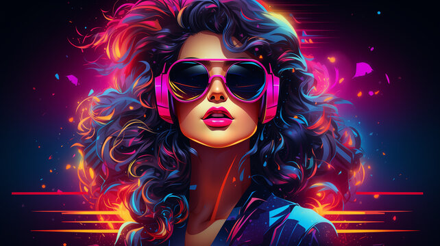 sch&ouml;ne Frau mit Sonnenbrille und Kopfh&ouml;rer im Retro Look mit Neonfarben und Lichteffekten. Querformat. Generative Ai.