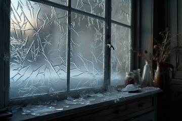 Charming wintry window adorned by beautiful icy patterns. Generative AI